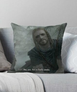 Game pillow - Game merch - Game apparel - Hey You Youre Finally Awake Skyrim Meme  Throw Pillow
